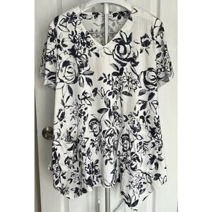 Coldwater Creek Linen Tunic Lagenlook Handkerchief Hem Pockets Navy/White/Gray L